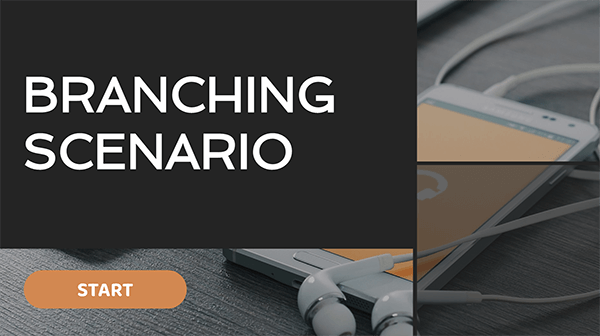 interactive video presentation tools Front cover of the template with a photo of a keyboard and a mobile phone in the background. On top is a black filter, the title Branching Scenario in white letters, and an orange button labeled Start.