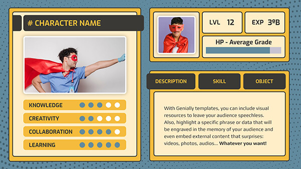 create educational presentation Interactive Character sheet template