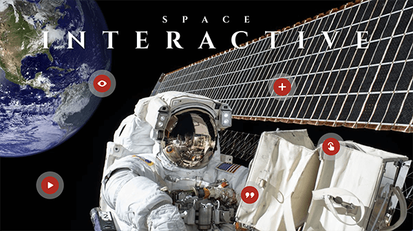 interactive video presentation tools Astronaut walking in space with a satellite, planet earth, and interactive hotspots.