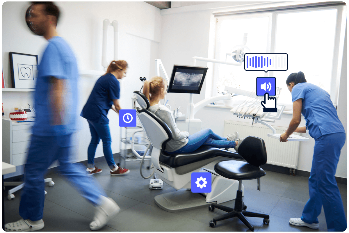 Image d'un dentiste montrant 3 types différents d'interactivité de l'outil Genially