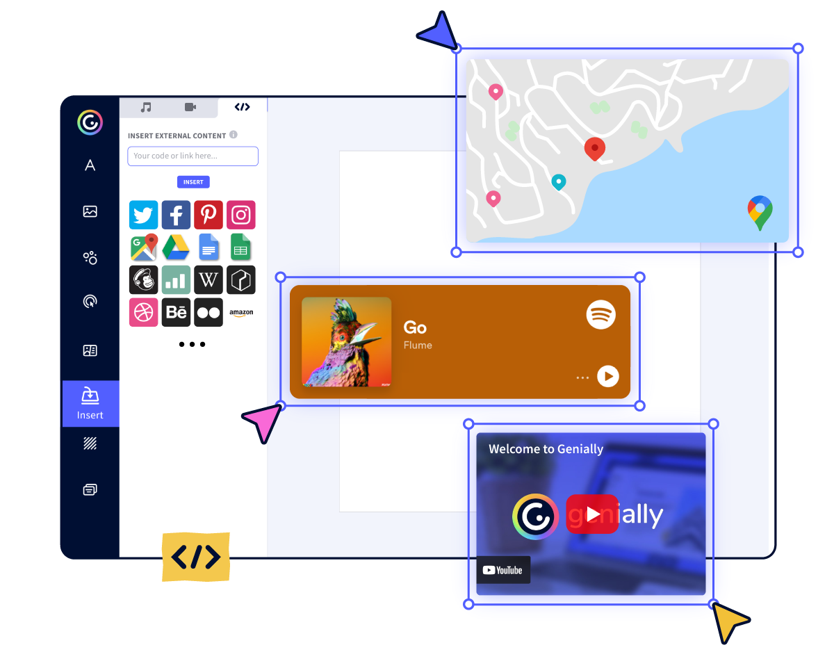 Image of the Genially tool showing the insertion of multimedia elements from Spotify, Google Maps and Youtube